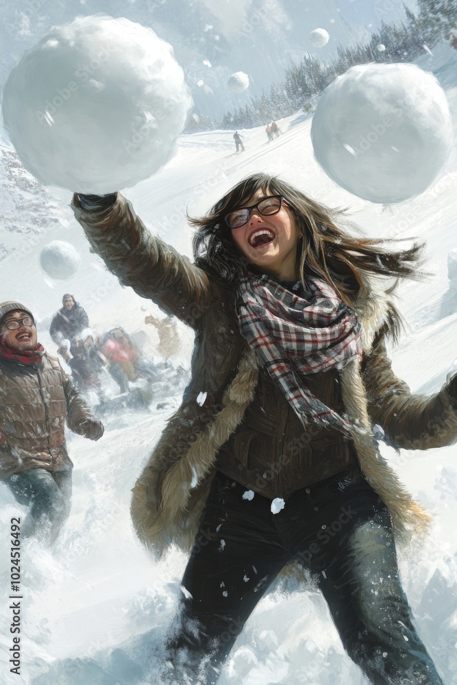 Canvas Prints A young woman has fun in the snow as her father throws snow at her; recreational active winter concept;