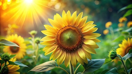 Obraz premium Close-Up Tilt-Shift Photography of a Vibrant Yellow Sunflower and Leaves in Vector Style for Floral Design Enthusiasts
