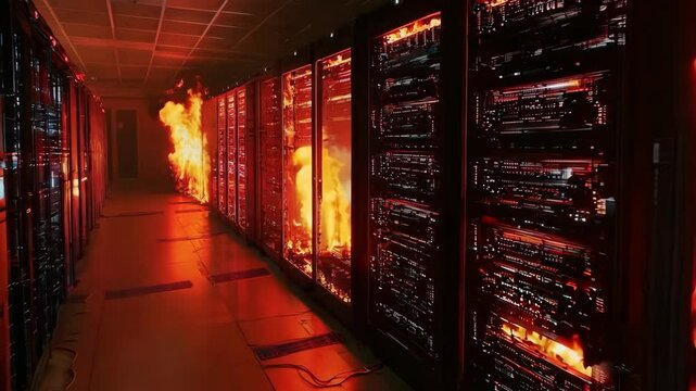 A computer room with a fire burning through the walls. The fire is orange and bright, and it seems to be spreading quickly. The room is filled with computer servers and wires
