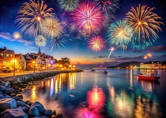 Fototapeta premium Coastal Town Fireworks Celebration for New Year - Stunning Night Sky Display