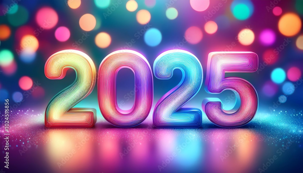 Poster a vibrant and colorful representation of the year 2025, featuring stylized numbers illuminated by pl