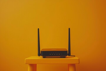 Fototapeta premium Black Wireless Router on Yellow Table with Yellow Background