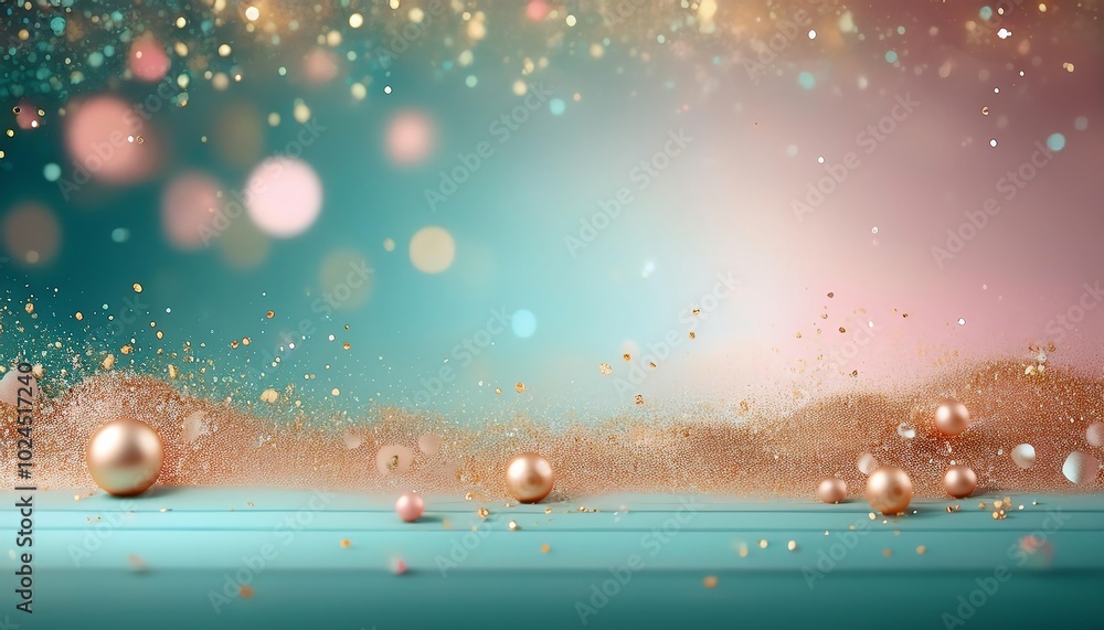 Poster a shimmering background featuring golden particles and beads, creating a festive and elegant ambianc