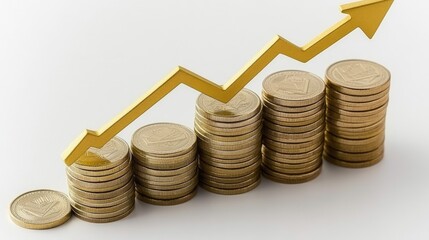 Stacks of coins with an ascending graph in gold, symbolizing increasing profits, prosperity, and economic advancement.