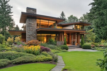Obraz premium A contemporary home with a blend of natural elements and modern architecture