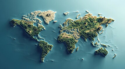 3D World Map with Relief and Green Continents.