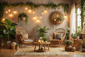 Cozy Scandinavian Living Room with Rattan Chairs and Surreal Elements for Creative Interior Design