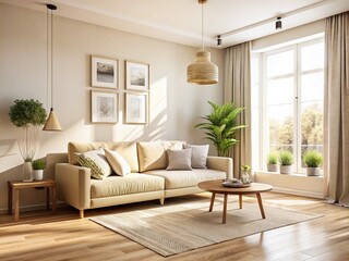 Cozy Beige Minimalist Living Room with Natural Light and Spacious Layout