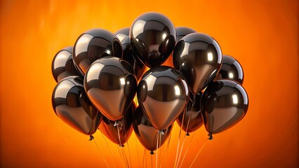 A cluster of shiny black balloons against an orange background, evoking a sense of celebration and mystery