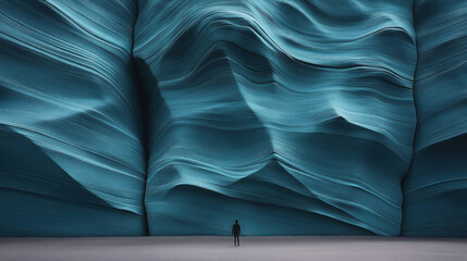 Silhouette of a person standing in front of an abstract wavy blue textured wall resembling canyon rock formations.