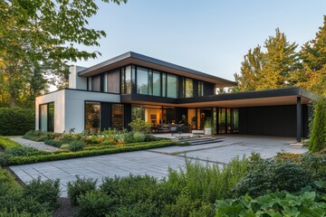 Fototapeta premium A contemporary home with a bold, angular design, characterized by a mix of black