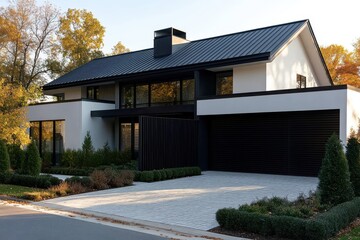 A contemporary home with a sloping black roof and a white exterior. The front of the house