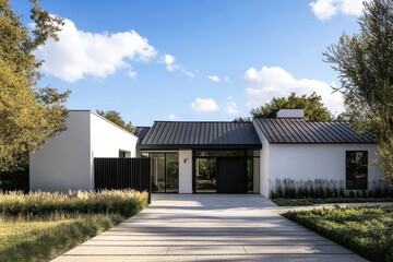 A contemporary home with a sloping black roof and a white exterior. The front of the house
