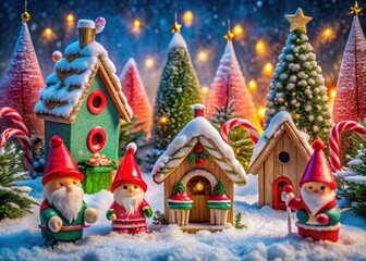 Cute Gnome Illustrations with Birdhouses and Candy Canes for Holiday Decorations