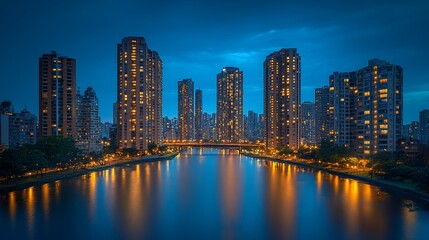 Naklejka premium A cityscape at dusk with tall buildings reflected in a river.