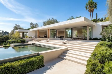 Fototapeta premium A contemporary luxury home with white stucco exterior, surrounded by steps leading to a sunken