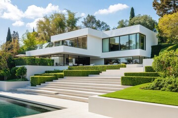 A contemporary luxury home with white stucco exterior, surrounded by steps leading to a sunken