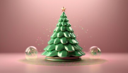 A whimsical green Christmas tree with a star topper, surrounded by sparkling bubbles against a soft pink backdrop.