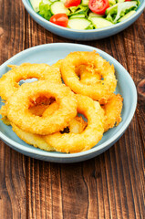 Crispy calamari rings.