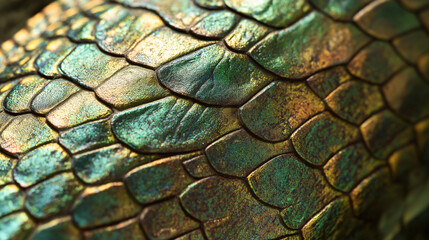 Close-up of iridescent scales on exotic reptile, detailed texture with metallic sheen, nature macro photography of snake or lizard skin pattern