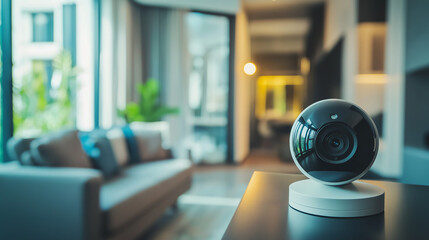Indoor surveillance camera in luxury apartment, home security technology for monitoring living space, close-up view in modern interior