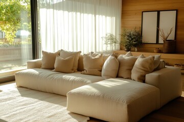 Fototapeta premium A cozy living room with a beige sectional sofa, adorned with neutral-toned throw pillows