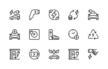 Car charging station vector linear icons set. Isolated icon collection such as car, charging icon, plug, cable and more.
