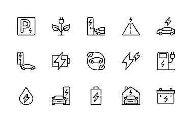 Car charging station vector linear icons set. Isolated icon collection such as parking, charging icon, eco transport, plug and more.