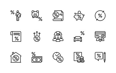 Credit and financial services vector linear icons set. Isolated icon collection such as percentage, approval, savings, budget and more.