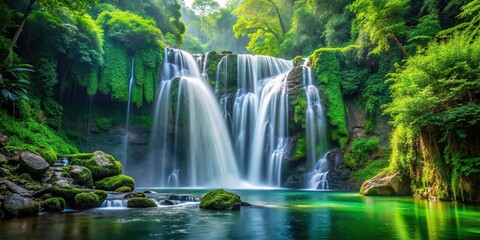 Obraz premium Majestic waterfall in a green forest, extreme close-up shot of nature's flow