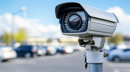 High-resolution outdoor security camera in parking lot, modern CCTV technology for vehicle monitoring and public safety, close-up view against blue sky