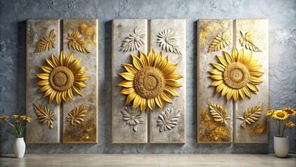 Obraz premium A trio of gilded sunflower canvases with textured leaves and a subtle golden shimmer create a captivating interior design element.
