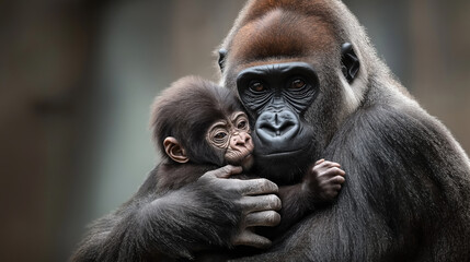Naklejka premium Adult gorilla tenderly embracing a baby gorilla, showcasing a close family bond in a natural setting.