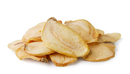 Pile of dried garlic close-up on a white background. Isolated