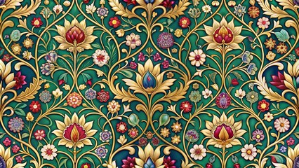 An Intricate Tapestry of Golden Vines and Delicate Blooms, Interspersed with Multicolored Jewels on a Deep Emerald Background