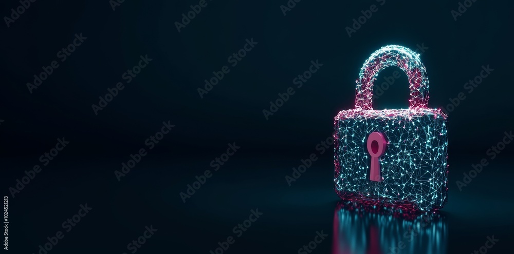Poster futuristic neon padlock electronic circuit. copy and paste blank place for text. protection of perso