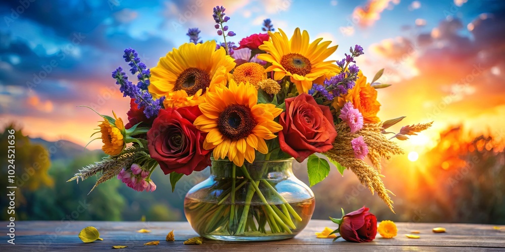 Wall mural A Vibrant Bouquet of Sunflowers, Roses, and Wildflowers in a Glass Vase Against a Breathtaking Sunset