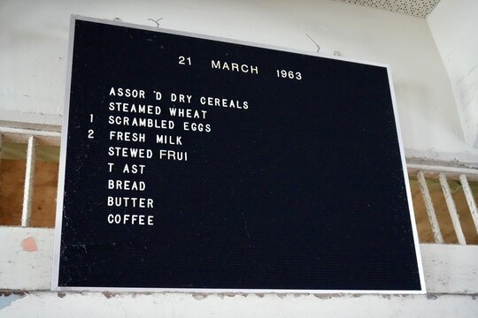 Peg board in Alcatraz kitchen showing the final menu served in 1963. Alcatraz Island, San Francisco, CA, USA. September 2024. 
