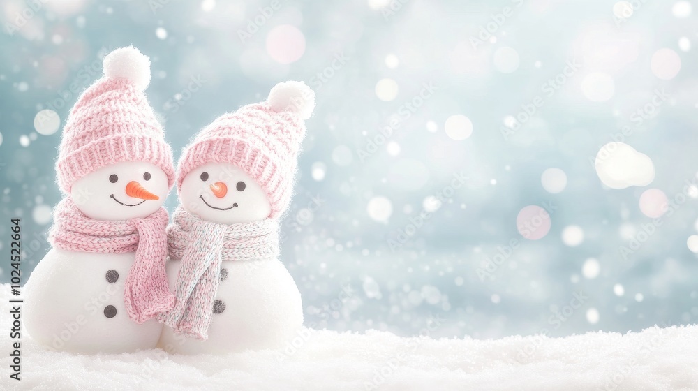 Canvas Prints A knitted snowman stands on soft snow on a blue background