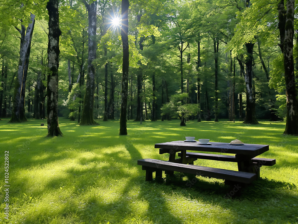 Wall mural a picnic table is set up in a lush green field with a bench and two cups. the scene is peaceful and 