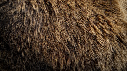 Fototapeta premium Dark brown fur texture with warm highlights, close-up of natural animal pelt, soft and dense texture, perfect for backgrounds and design projects