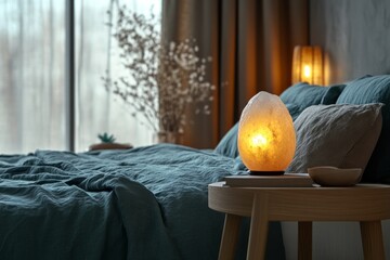 Himalayan salt lamp on the bedside table. Minimalist bedroom in pastel colors, wooden elements, copy space. Concept: relaxing, lithotherapy, home decor, comfort, light therapy
