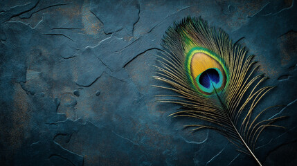 Single peacock feather on dark textured background, vibrant blue and green eye pattern, elegant and artistic design, high-resolution natural element for creative projects