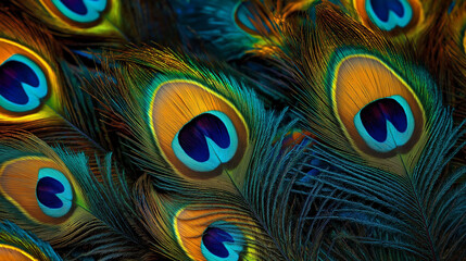 Obraz premium Dazzling peacock feathers with golden and teal highlights, close-up of intricate natural patterns, rich colors for luxurious and exotic background concepts