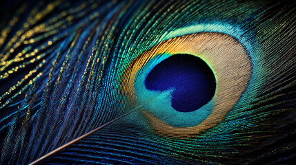 Fototapeta premium Iridescent peacock feather with deep blue and gold highlights, detailed close-up of natural pattern, exotic and luxurious texture for design and decoration projects