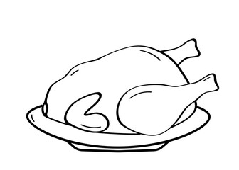 Fototapeta premium Grilled chicken on a plate icon doodle style. Christmas or New Year's dish baked turkey or chicken. Vector illustration sketch on a white background.