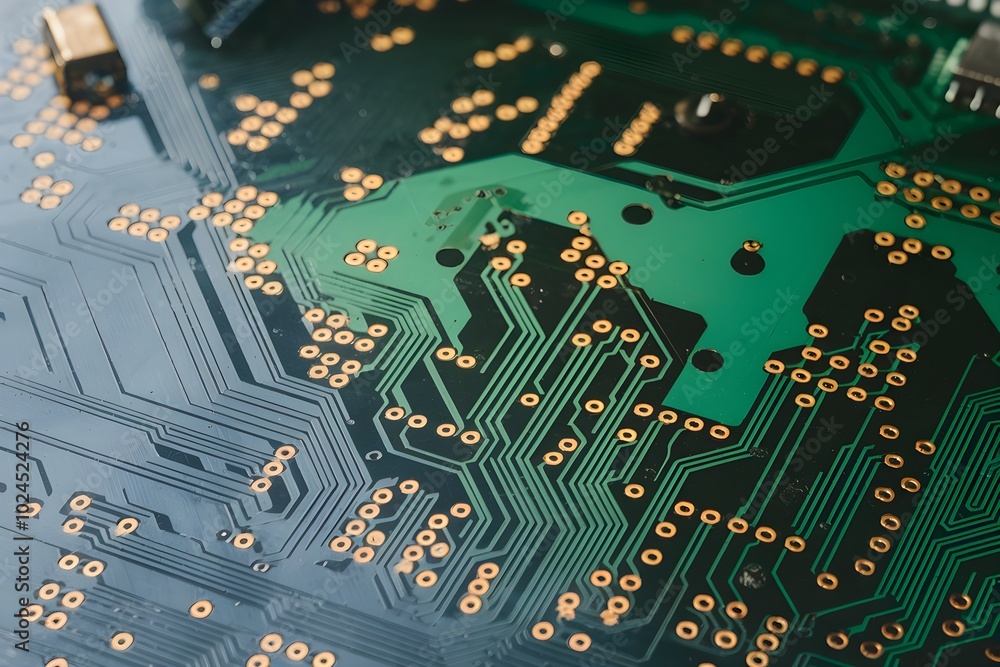 Poster close-up of a pcb showcasing intricate circuit pathways and solder points, symbolizing connectivity 