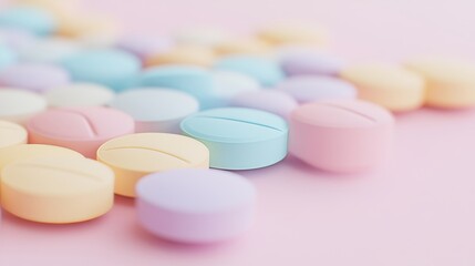 Colorful pills and capsules on a pink background, representing health diversity.