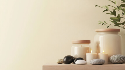 Candles, stones, and greenery arranged on a wooden surface against a soft background.