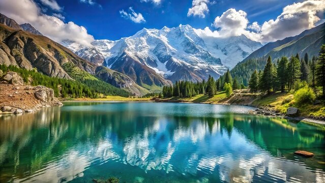 Marvelous landscape of lake, mountains, Nanga Parbat, clouds in blue sky